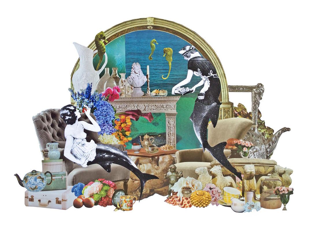 The Tea Parlour mermaid art hand cut collage art created by Vancouver artist seth macbeth 