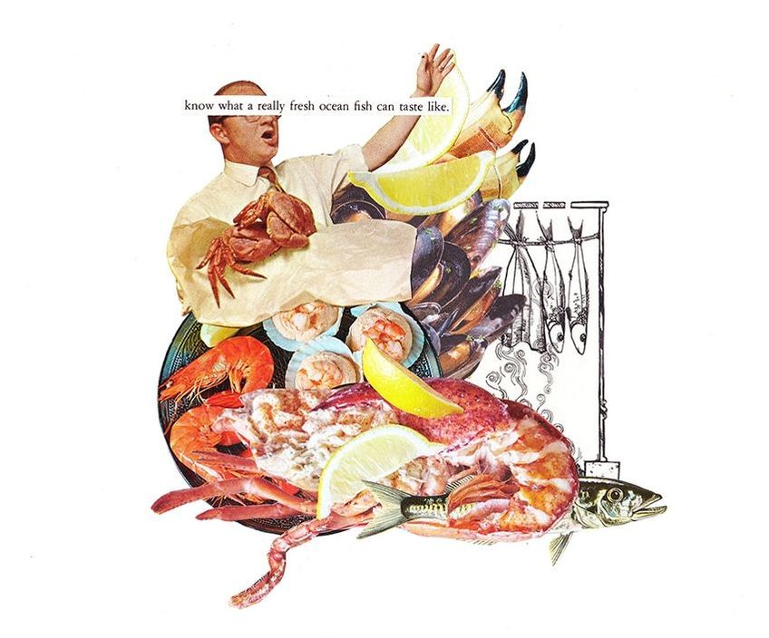Fish art farmers market inspired hand cut collage art created by Vancouver artist seth macbeth 