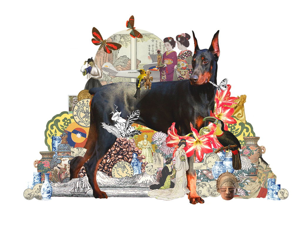 Family and the doberman dog, Japanese inspired digital collage art created by Vancouver artist seth macbeth 
